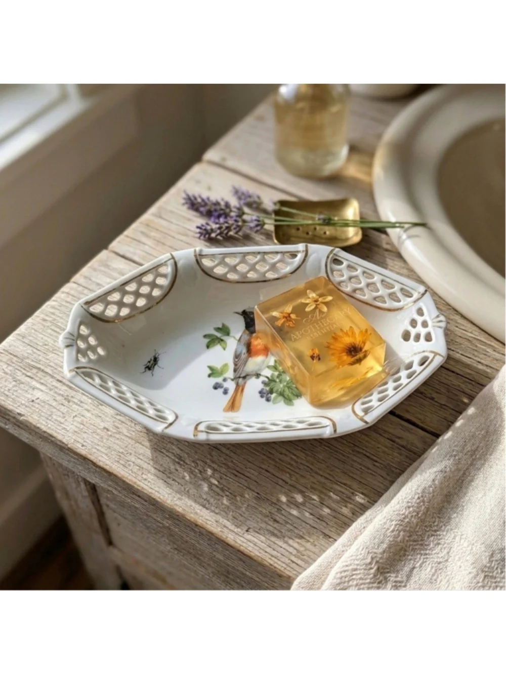 Mid-Century German Porcelain Bird Trinket Dish - Reticulated Lace Edge - 6